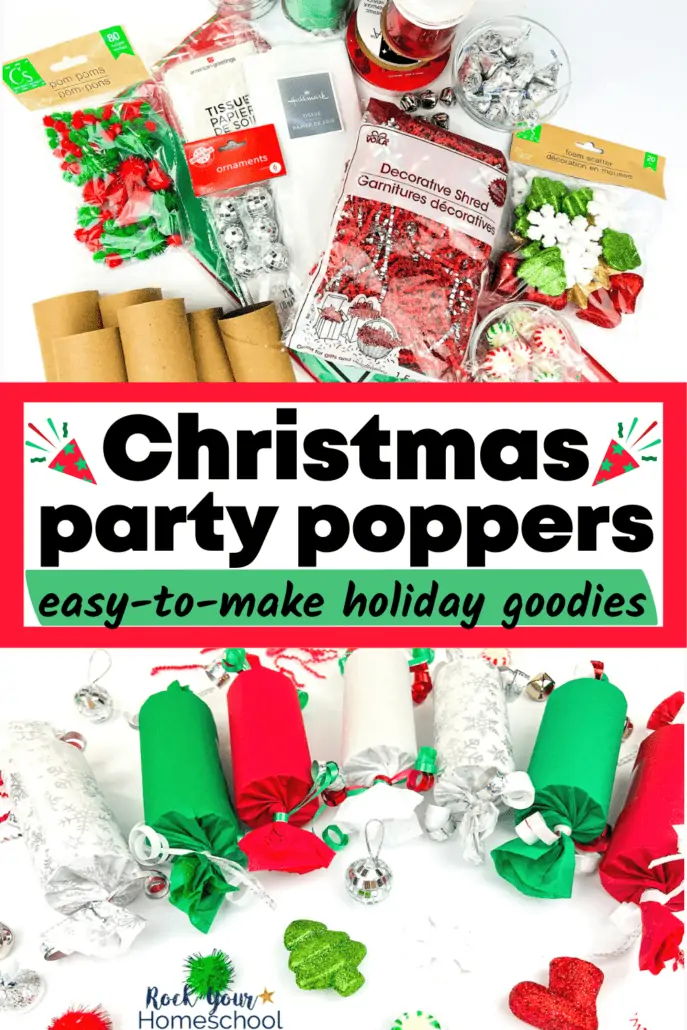 variety of supplies for Christmas party poppers and completed green, red, white, and silver Christmas party poppers with fillers