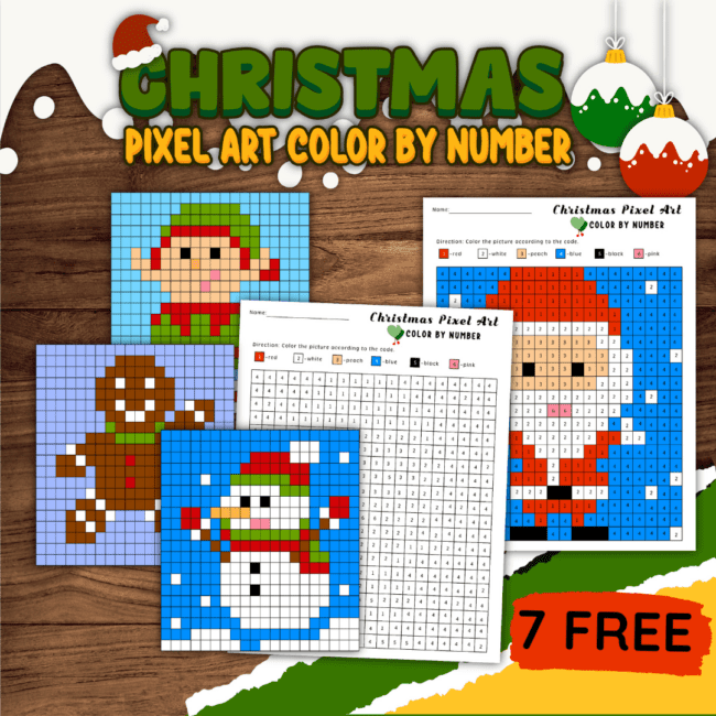 This free set of Christmas pixel art color by number activities includes 7 styles for fantastic holiday fun.