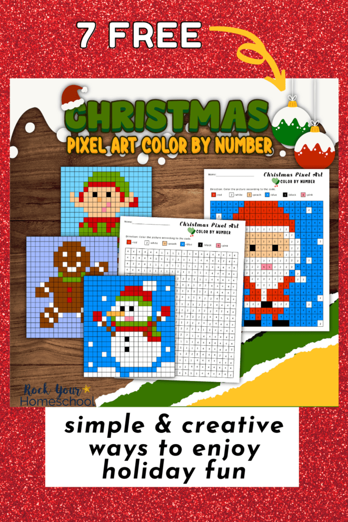 mock-up of 7 free printable Christmas pixel art color by number activities showing elf, gingerbread man, snowman, and Santa Claus on red glitter paper