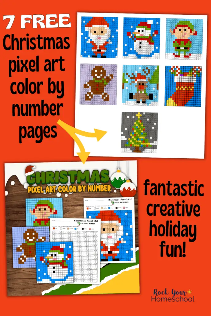 examples of 7 free Christmas pixel art color by number activities featuring Santa Claus, snowman, elf, gingerbread man, reindeer, stocking, and Christmas tree