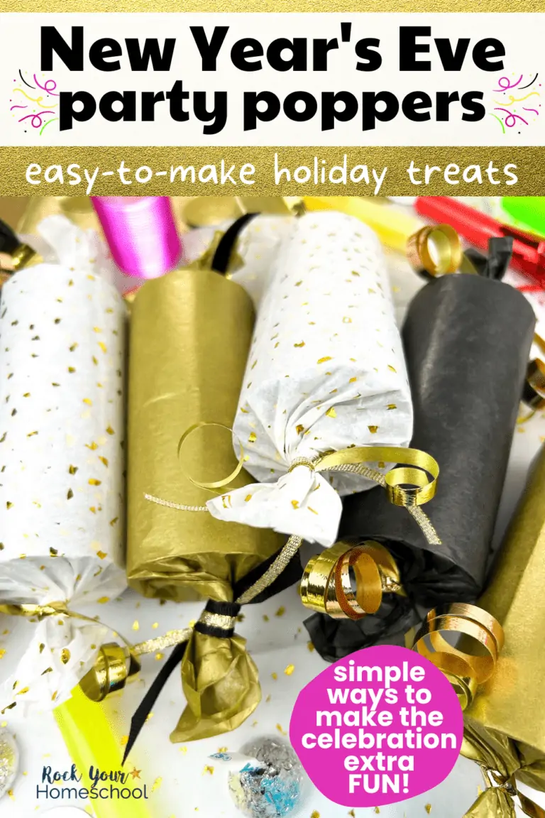 Examples of DIY New Year's Eve Party Poppers in tissue paper of gold sparkle, gold, black with ribbons, confetti, and party favors for kids