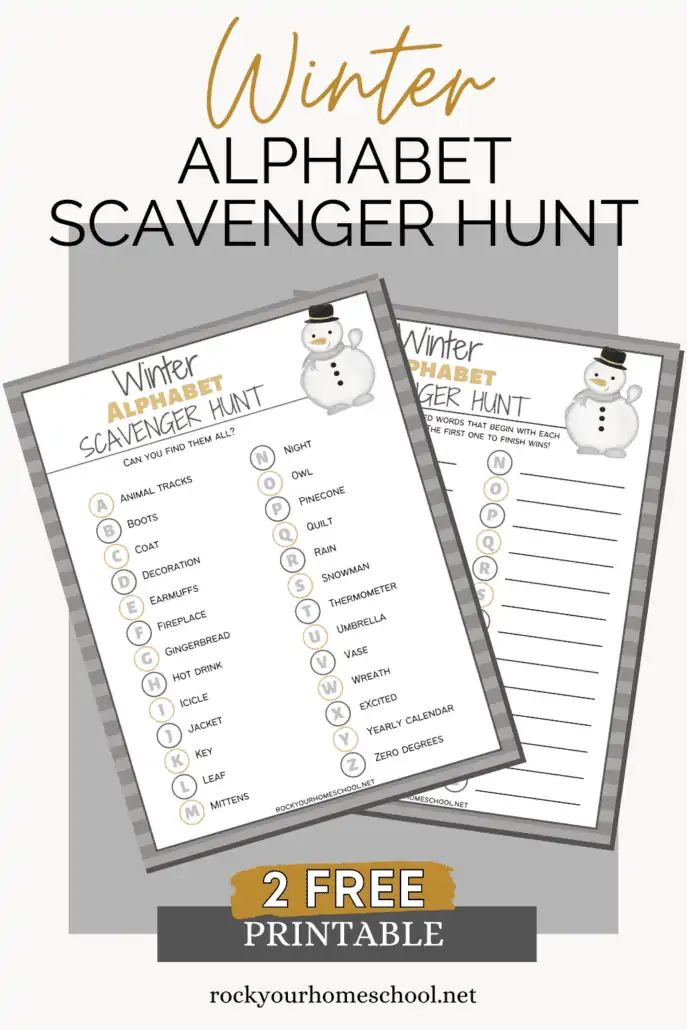 mock-up of 2 free printable winter alphabet scavenger hunts