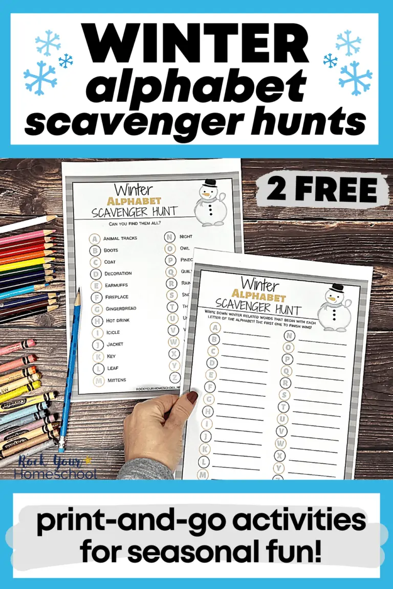 woman holding 1 of 2 free printable winter alphabet scavenger hunts with rainbow of color pencils and crayons on wood background