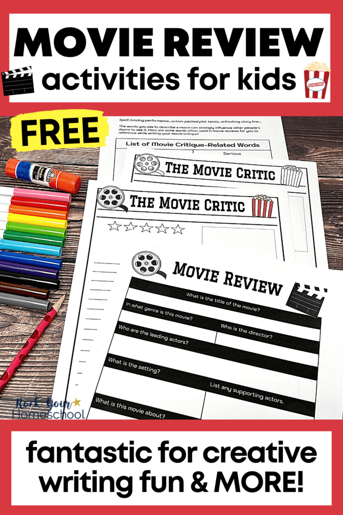 free printable movie review template pack examples with red pencil, rainbow of markers, and glue stick on wood background