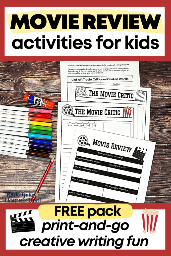 free printable movie review template pack with rainbow of markers, red pencil and glue stick on wood background