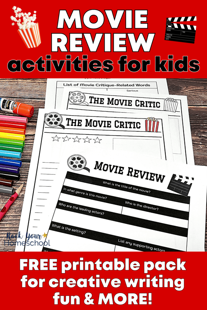 free printable movie review template pack examples with rainbow of markers, red pencil, and glue stick on wood background