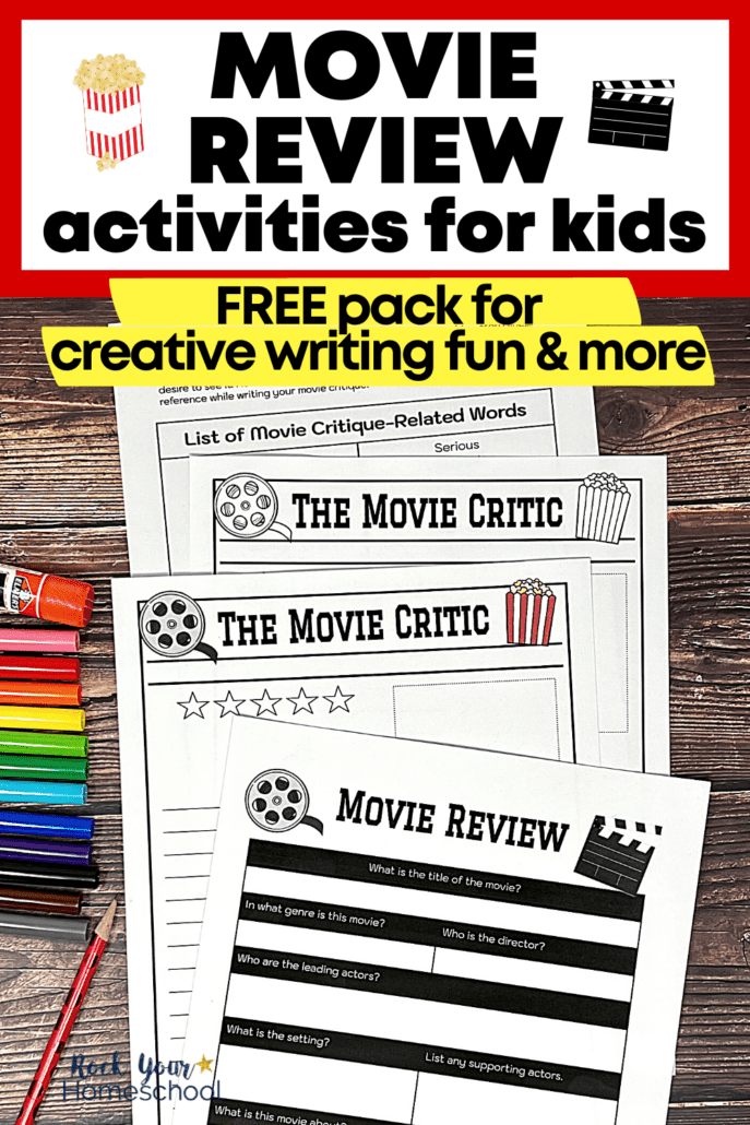 free printable movie review template pack examples with rainbow of markers, red pencil, and glue stick on wood background