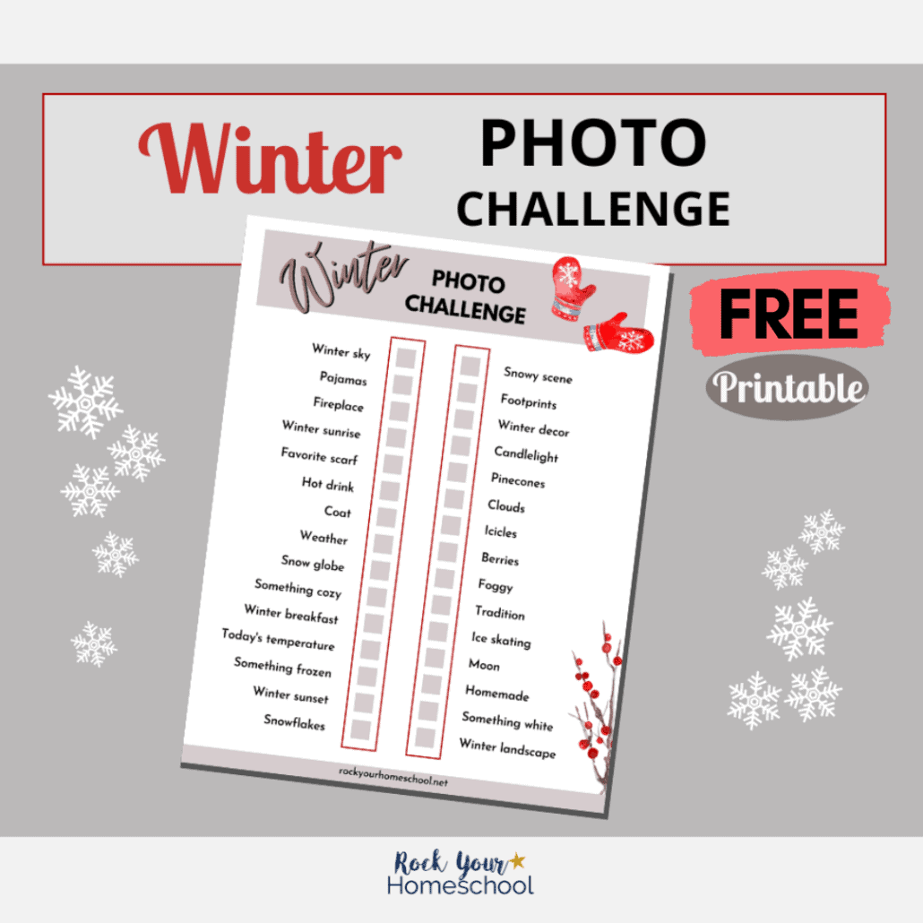 free printable winter photo challenge with snowflakes