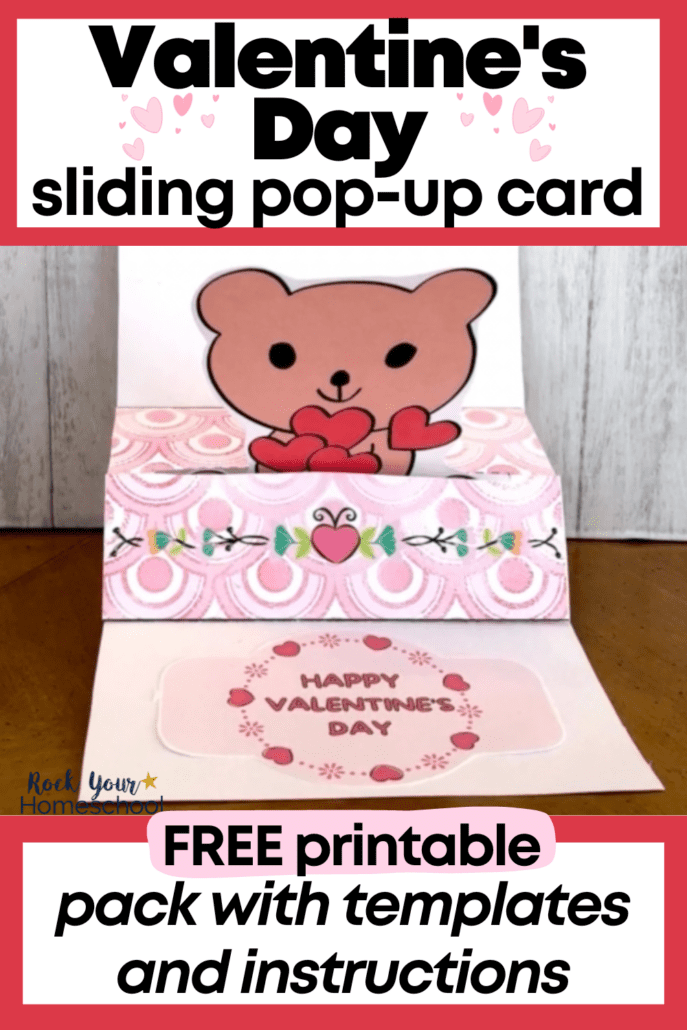Example of free printable Valentine's Day pop-up card featuring a bear hugging hearts.