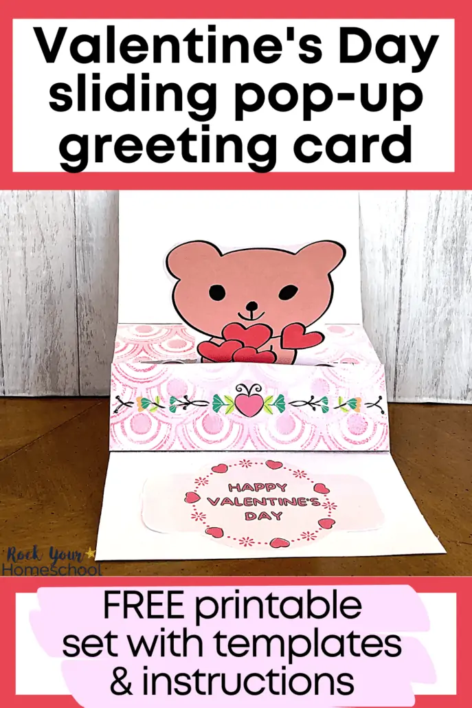 sliding pop up Valentine's Day card featuring a cute teddy bear with heart 