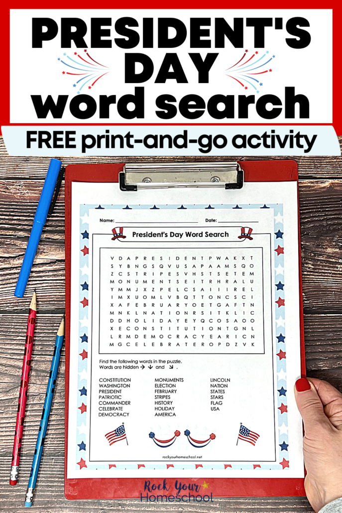 woman holding red clipboard with free printable President's Day word search activity with red and blue pencil and highlighter on wood background
