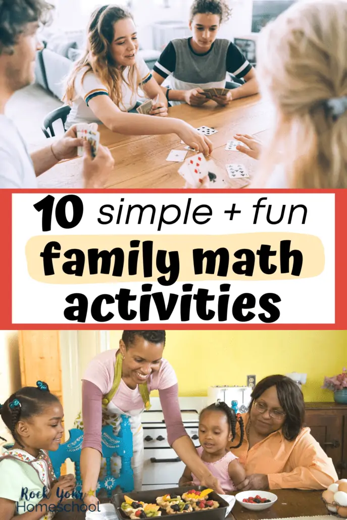 Family playing card game and family of mom, grandmother, and 2 daughters making fruit dishes to feature family math activities