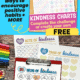 mockup of kindness charts and examples of free printable kindness activities for kids on red clipboard and wood background with rainbow of markers and color pencils