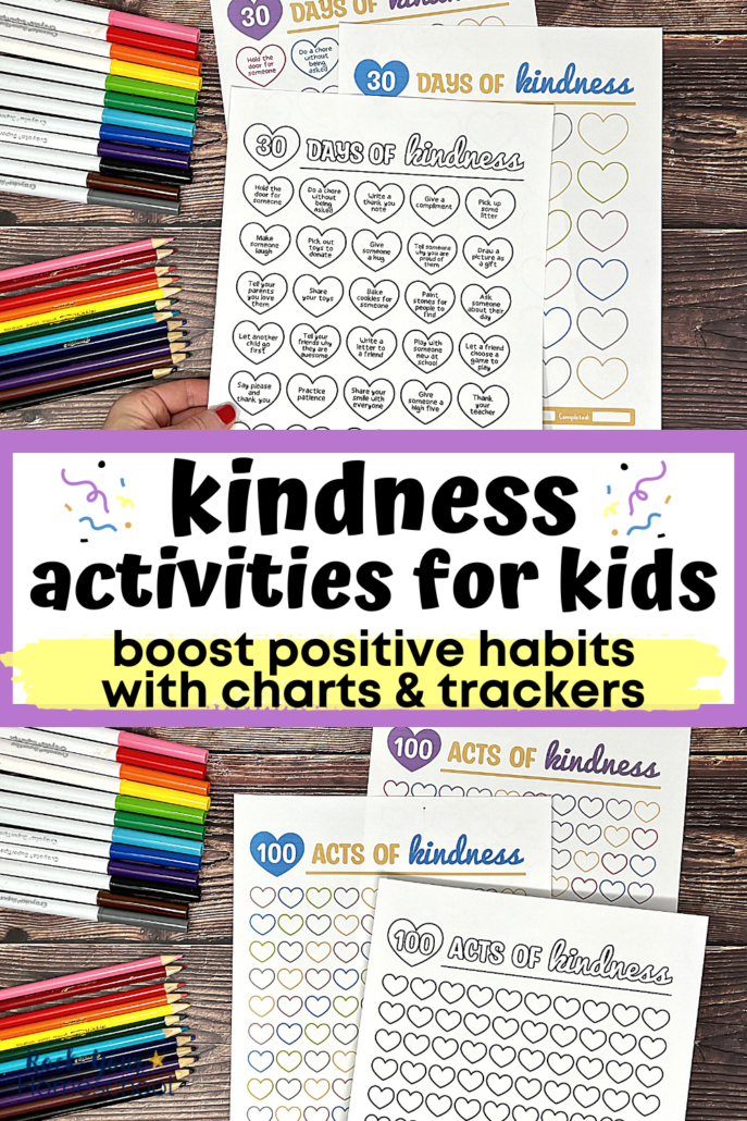 Examples of 11 free printable charts and trackers of kindness activities for kids with rainbow of markers and color pencils on wood background