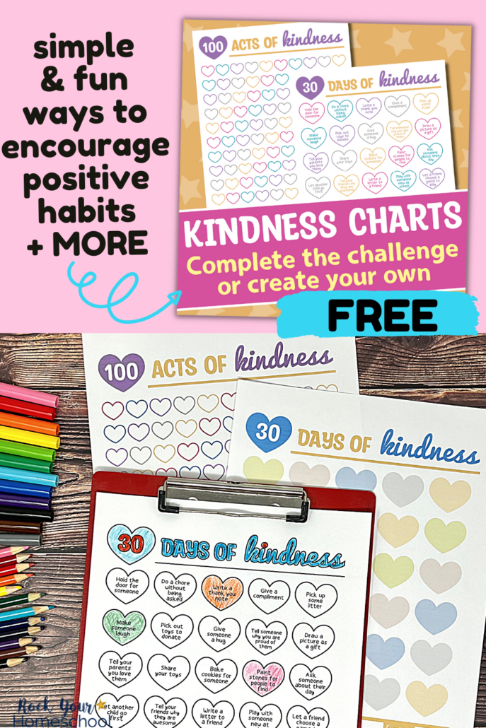 examples of free printable kindness activities for kids with rainbow of markers and color pencils on wood background