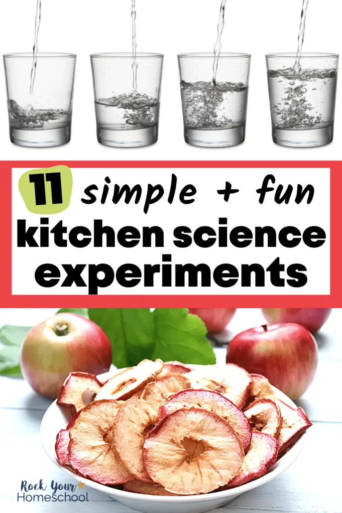 water glasses being filled at different levels and apples and dehydrated apples in bowl to feature examples of these 11 kitchen science experiments