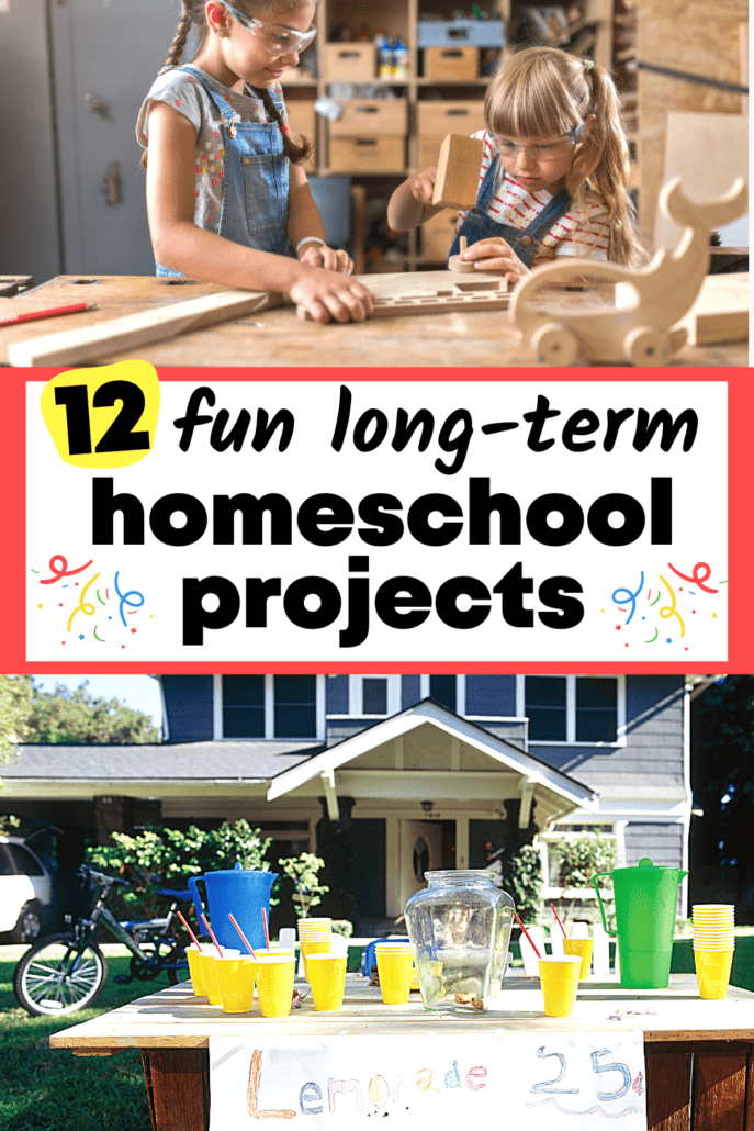 two sisters working on a wood project and lemonade stand to feature these long-term homeschool projects