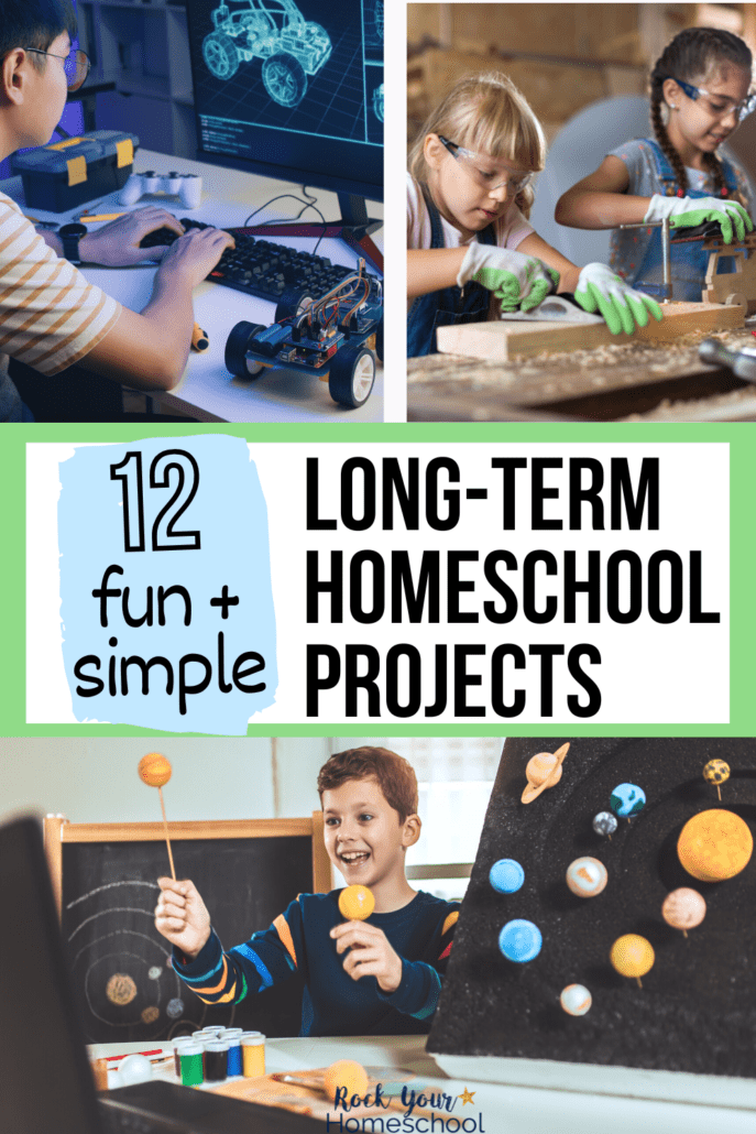 Boy using computer to build robotic car, 2 sisters working on wood project, and boys with solar system project to feature these long-term homeschool projects