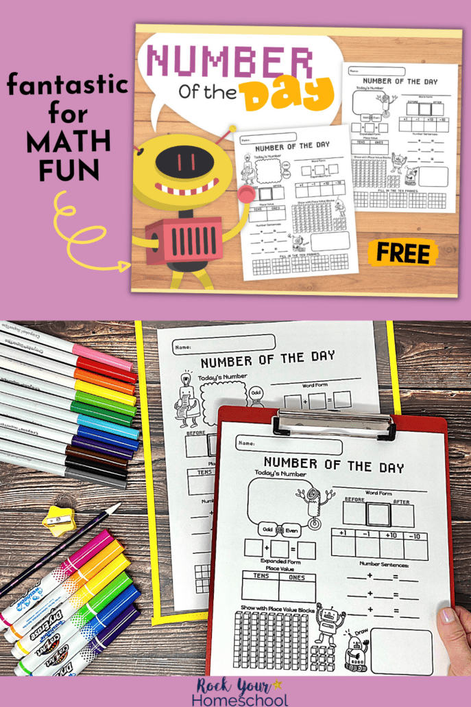 number of the day printable worksheets mockup with robot and woman holding red clipboard with number of the day printable and other page in dry eras sleeve pocket with rainbow of markers, dry erase markers, purple pencil, and yellow star pencil sharpener on wood background