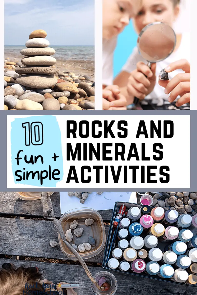 stack of rocks, kids looking at a rock with a magnifying glass, and child painting rocks to feature these 10 simple and fun rocks and minerals activities for kids