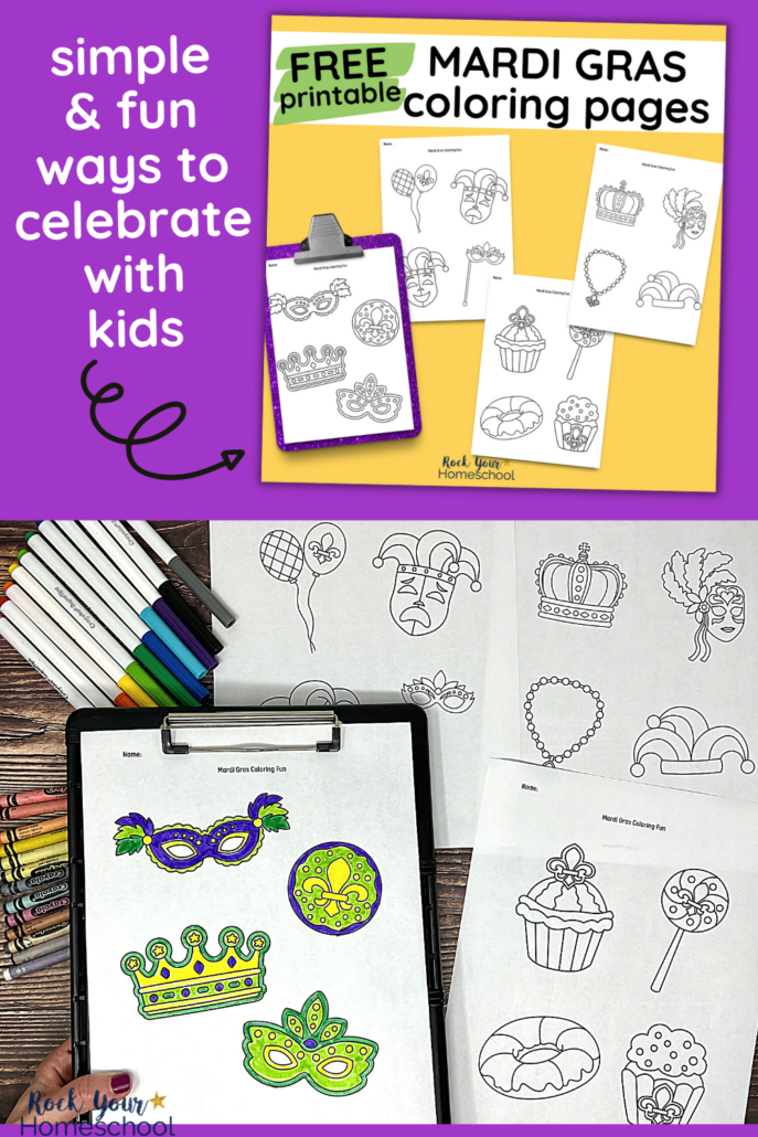 4 free printable Mardi Gras coloring pages with rainbow of markers and crayons and woman holding example on black clipboard