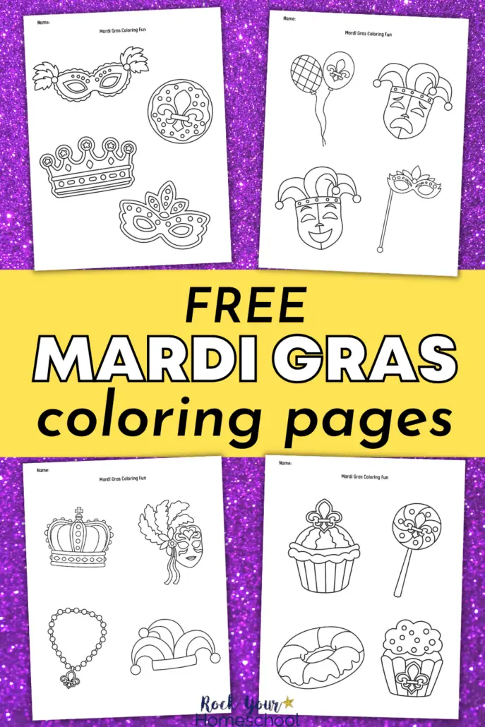 4 free printable Mardi Gras coloring pages on purple glitter background