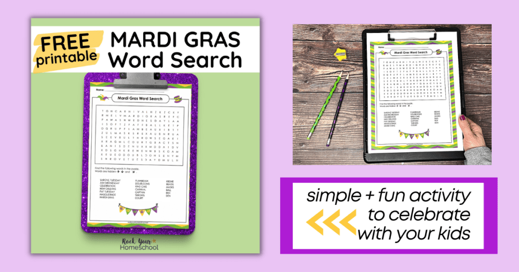 This free printable Mardi Gras word search is a simple yet super fun way to boost your holiday celebration with kids.