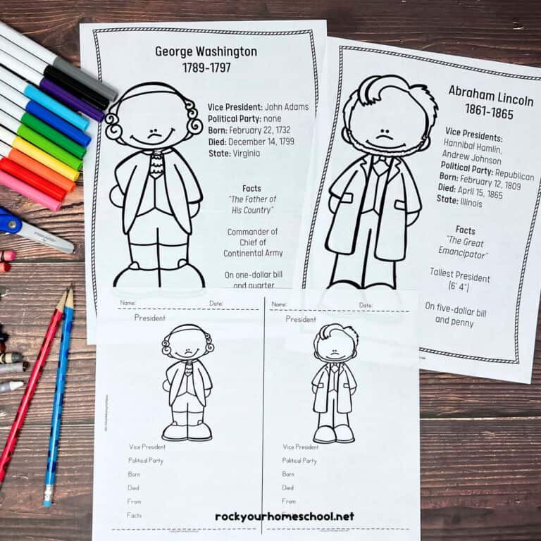 Examples of free printable President's Day coloring pages featuring George Washington and Abraham Lincoln.