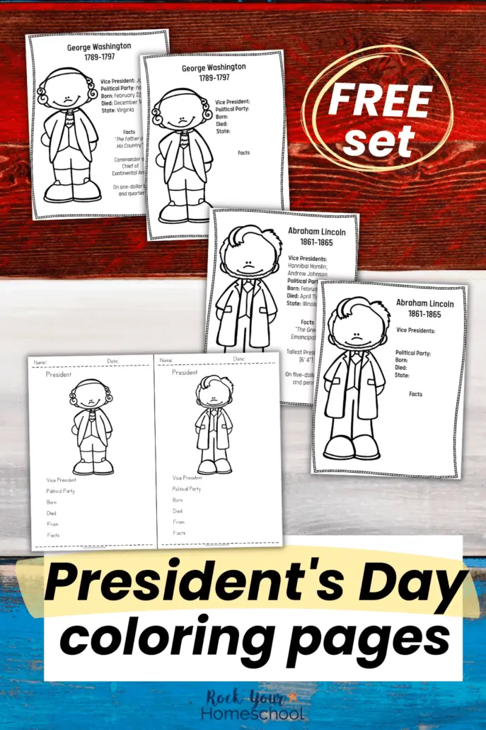 examples of free President's Day coloring pages featuring George Washington and Abraham Lincoln on red, white, and blue wood backgroun