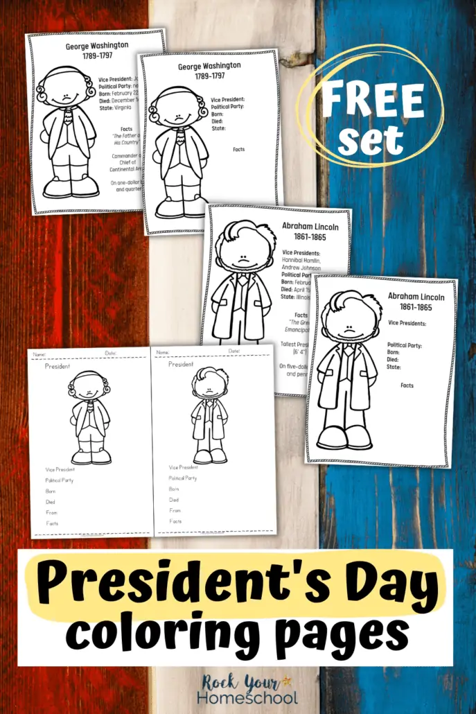 examples of free printable President's Day coloring pages featuring George Washington and Abraham Lincoln on red, white, and blue wood background