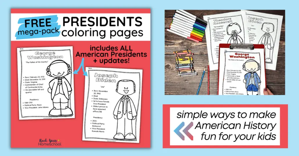 These simple print-and-go American Presidents coloring pages includes ALL presidents (Washington to Biden - with updates) to make history fun for kids.