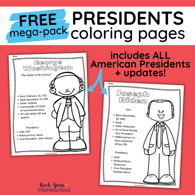 This free mega-pack of American Presidents coloring pages helps you easily boost history fun and more. Includes all presidents from Washington to Biden (plus updates!).