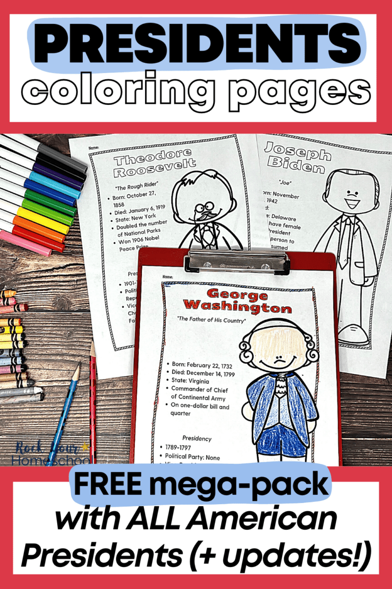 George Washington coloring page on red clipboard with Theodore Roosevelt and Joseph Biden as other examples of these free printable American Presidents coloring pages with rainbow of markers, crayons, and pencils on wood background