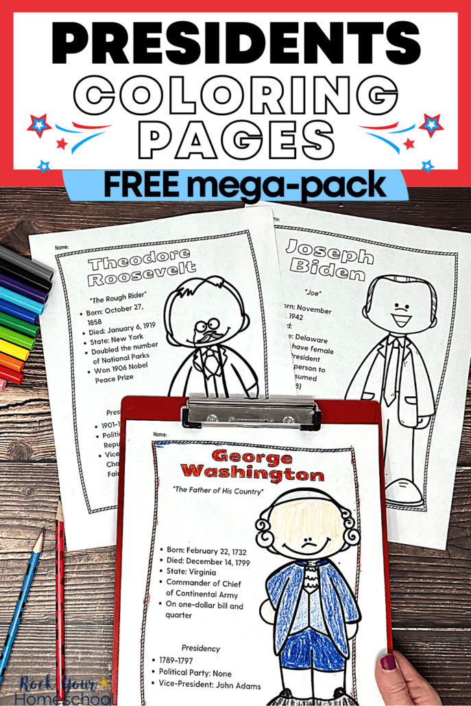 woman holding red clipboard with George Washington coloring page and other examples of this free printable American Presidents coloring pages mega-pack (Theodore Roosevelt and Joseph Biden) with markers, crayons, and pencils on wood background