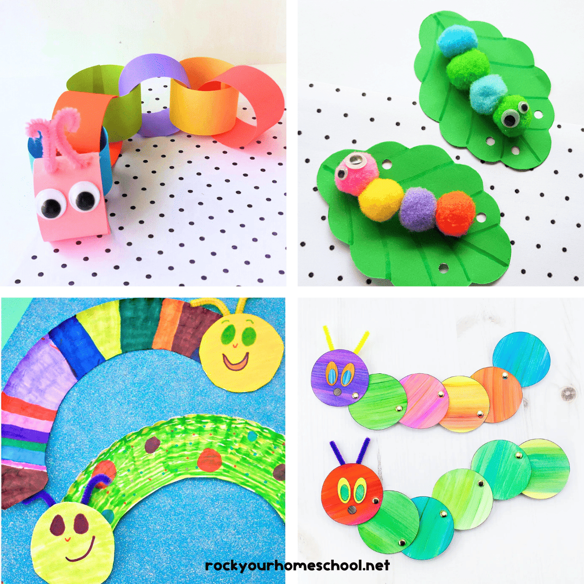 Four caterpillar crafts for kids including paper chain caterpillar, pop pom caterpillars, paper plate caterpillars, and interactive paper caterpillars.