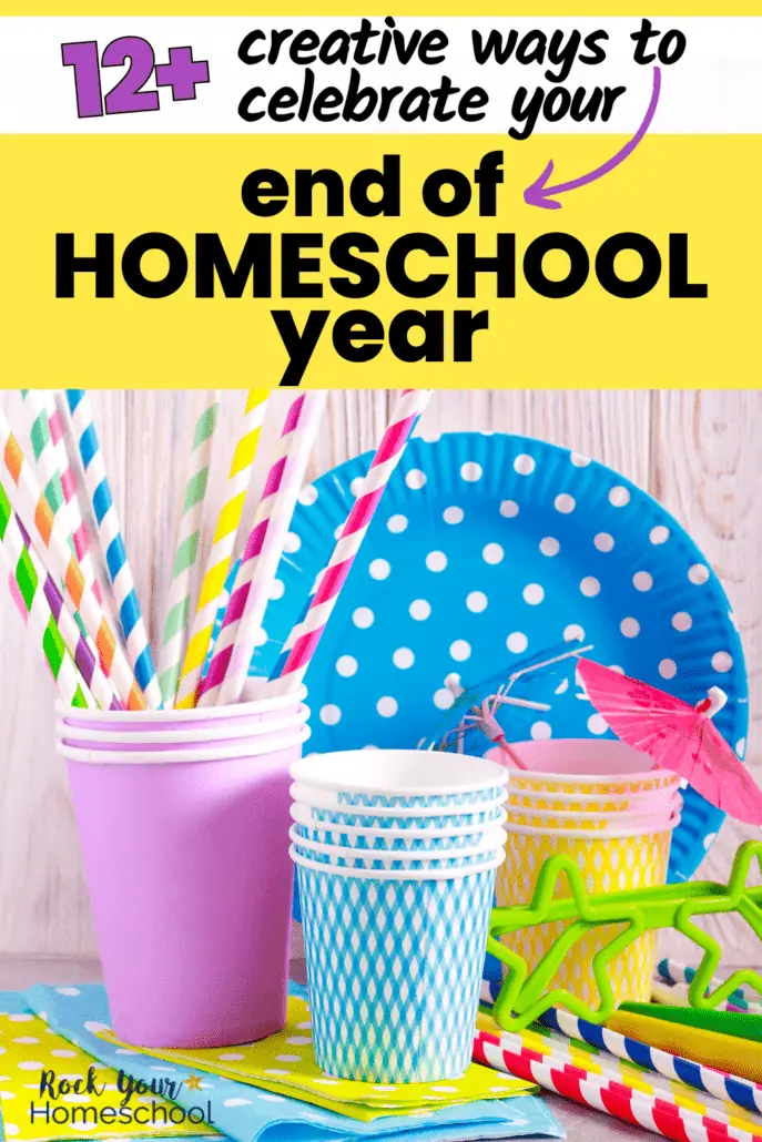 party supplies including colorful paper cups, paper straws, polka dot paper plate, drink umbrella, napkins, and bright green star glasses to feature these 12+ cool  and creative ideas for your end of homeschool year celebration
