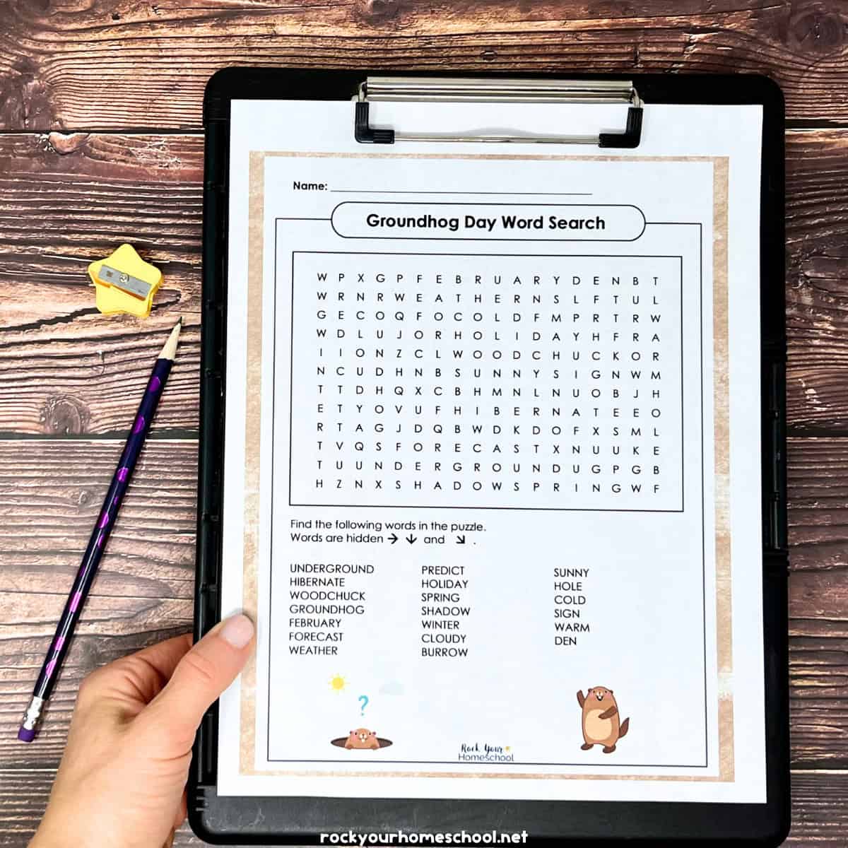 Woman holding black clipboard with free printable Groundhog Day word search activity and purple pencil and yellow star pencil sharpener on wood background.