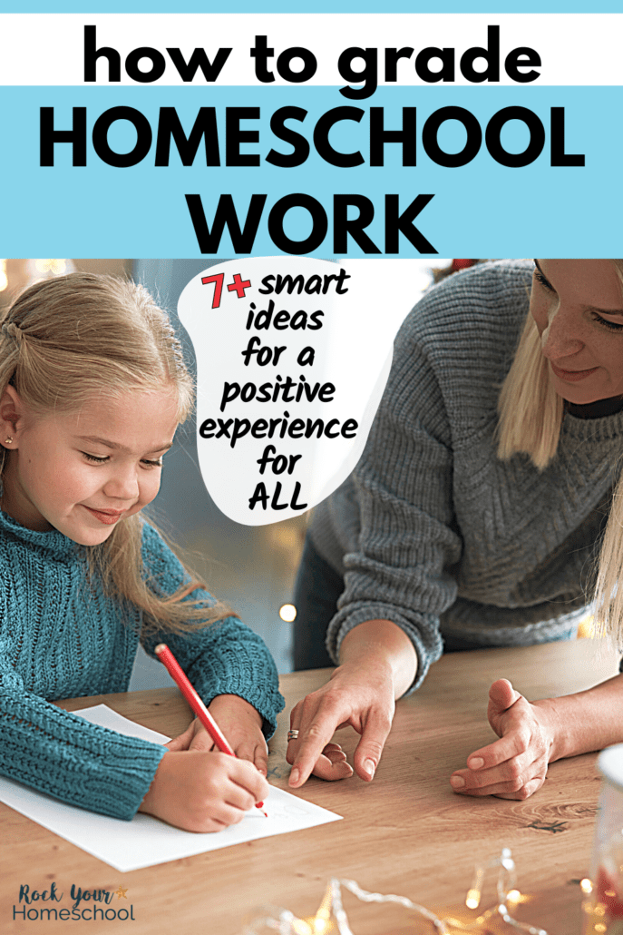Smiling mom helping daughter with school work to feature how to grade homeschool assignments