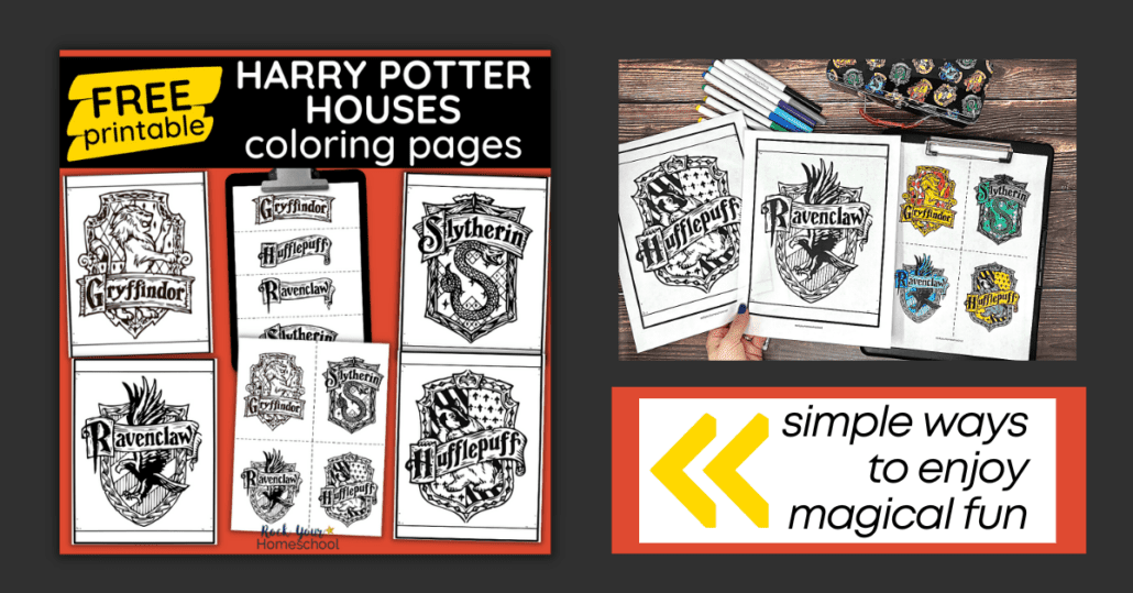 This free printable set of Harry Potter Houses coloring pages is a fantastic way to enjoy magical fun. Includes 6 pages with different styles!