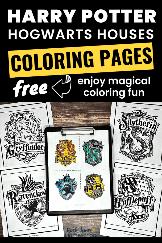 free printable Harry Potter Houses coloring pages on black clipboard with Gryffindor, Slytherin, Ravenclaw, and Hufflepuff on wood background