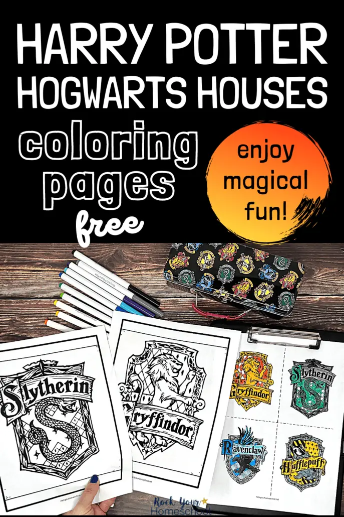 woman holding Slytherin and Gryffindor coloring pages with Harry Potter Houses coloring pages on black clipboard with markers and pencil case on wood background