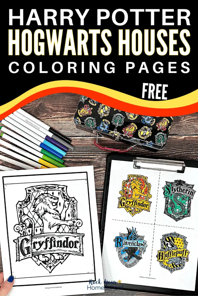 woman holding Gryffindor coloring page with free printable Harry Potter Houses coloring pages on black clipboard with markers and pencil case on wood background