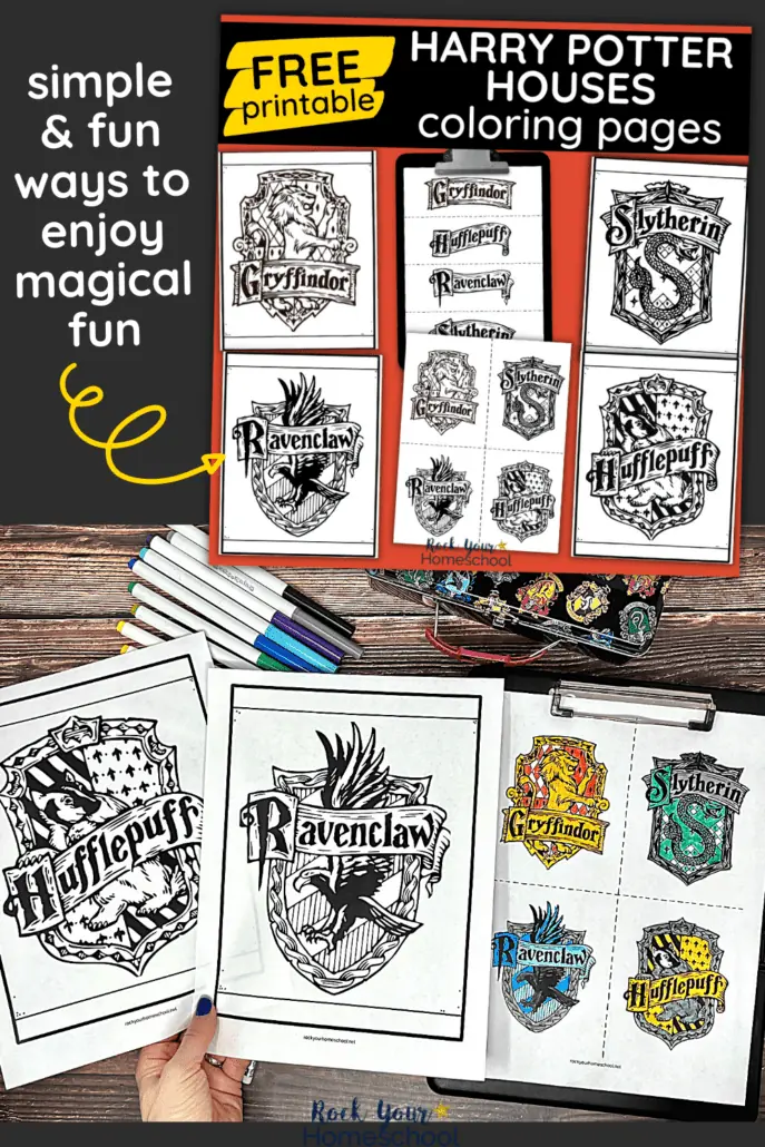 woman holding Hufflepuff and Ravenclaw coloring pages with free printable Harry Potter Houses coloring pages on black clipboard and markers with pencil case on wood background and mock-up