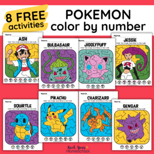 This free pack of Pokemon color by number activities includes 8 characters for amazing fun.