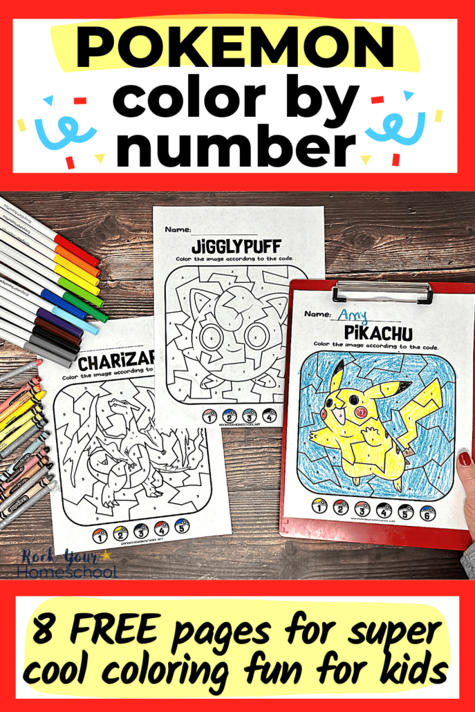woman holding red clipboard with free printable Pokemon color by number activity featuring Pikachu with examples of Jigglypuff and Charizard with markers and crayons