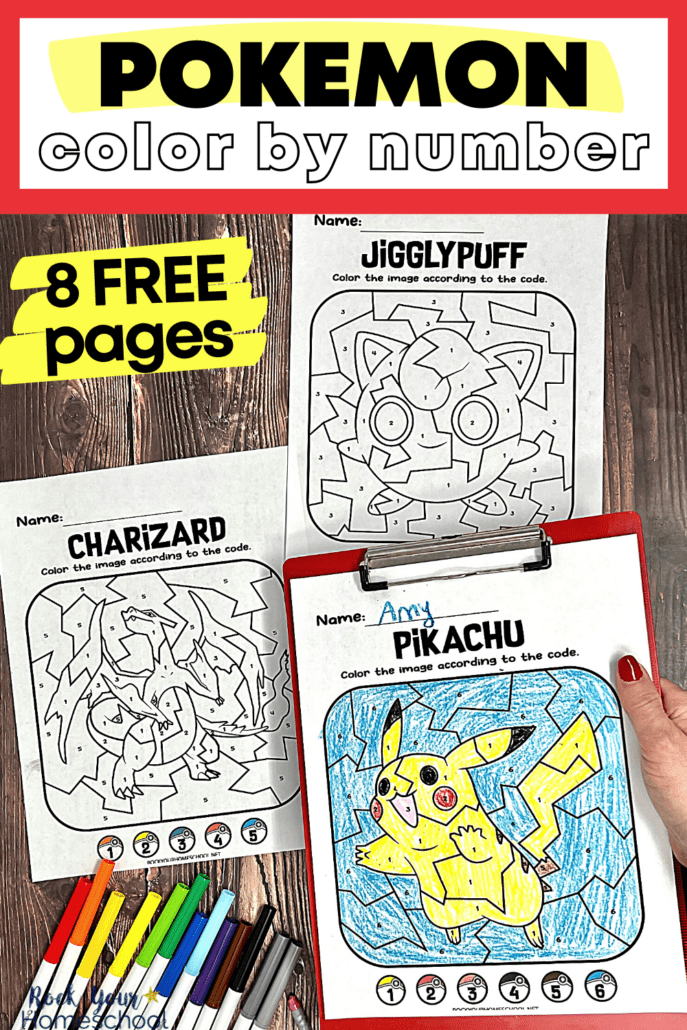 Woman holding red clipboard with free printable Pokemon color by number page featuring Pikachu with Charizard and Jigglypuff and markers in background