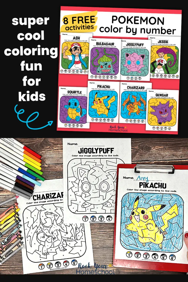 woman holding red clipboard with free printable Pokemon color by number page featuring Pikachu with Jigglypuff and Charizard examples in background with crayons and markers