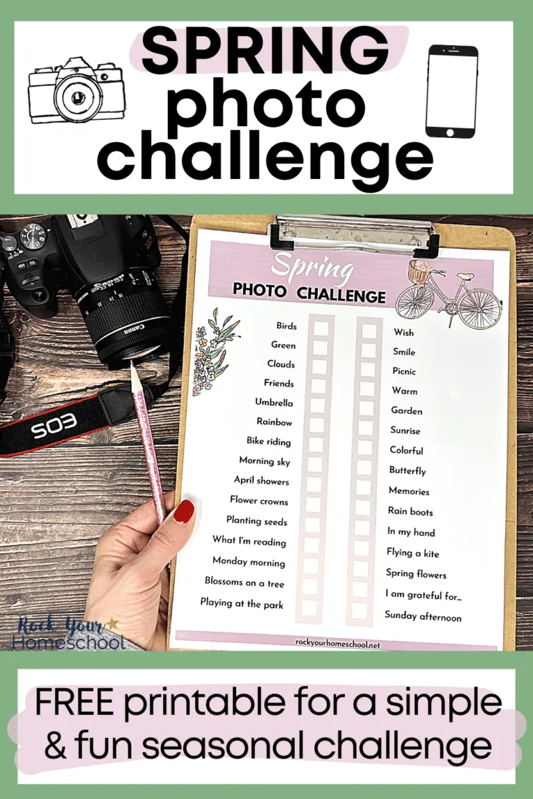 woman holding free printable spring photo challenge on clipboard with camera in background