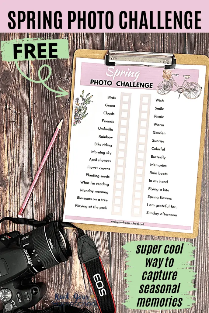 free printable spring photo challenge on clipboard with pink glitter pencil and camera on wood background