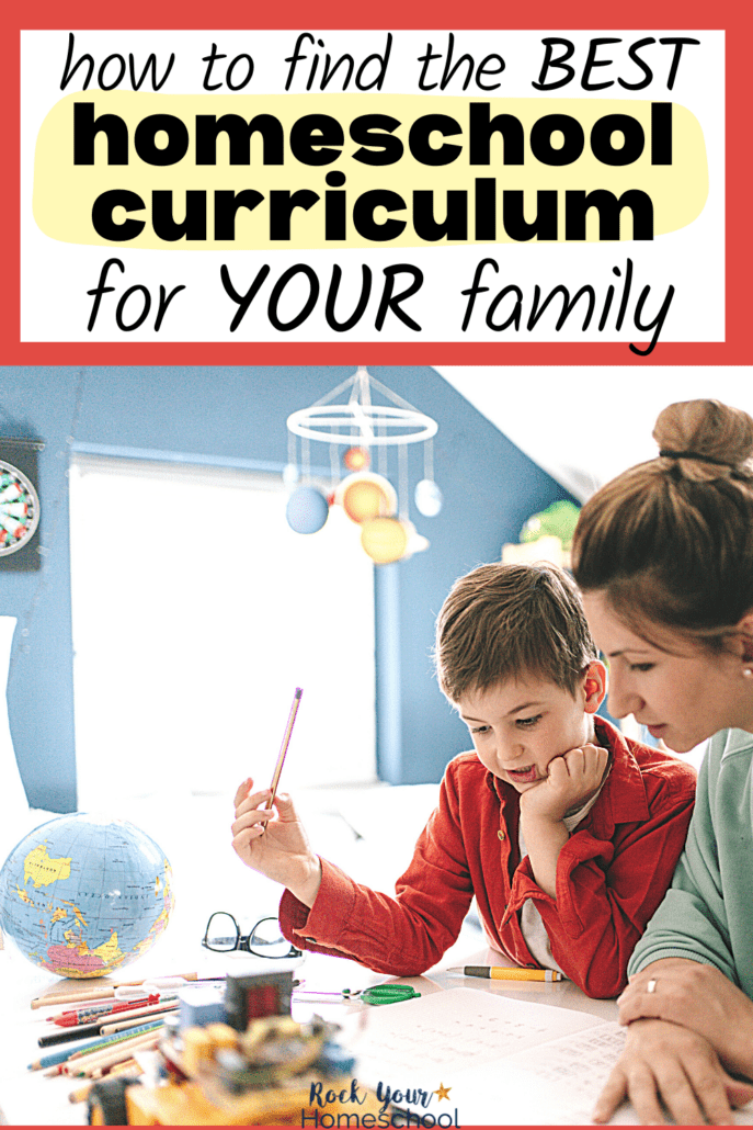 mother and son with a pencil looking down at papers with globe and other school supplies to feature how to find the best homeschool curriculum